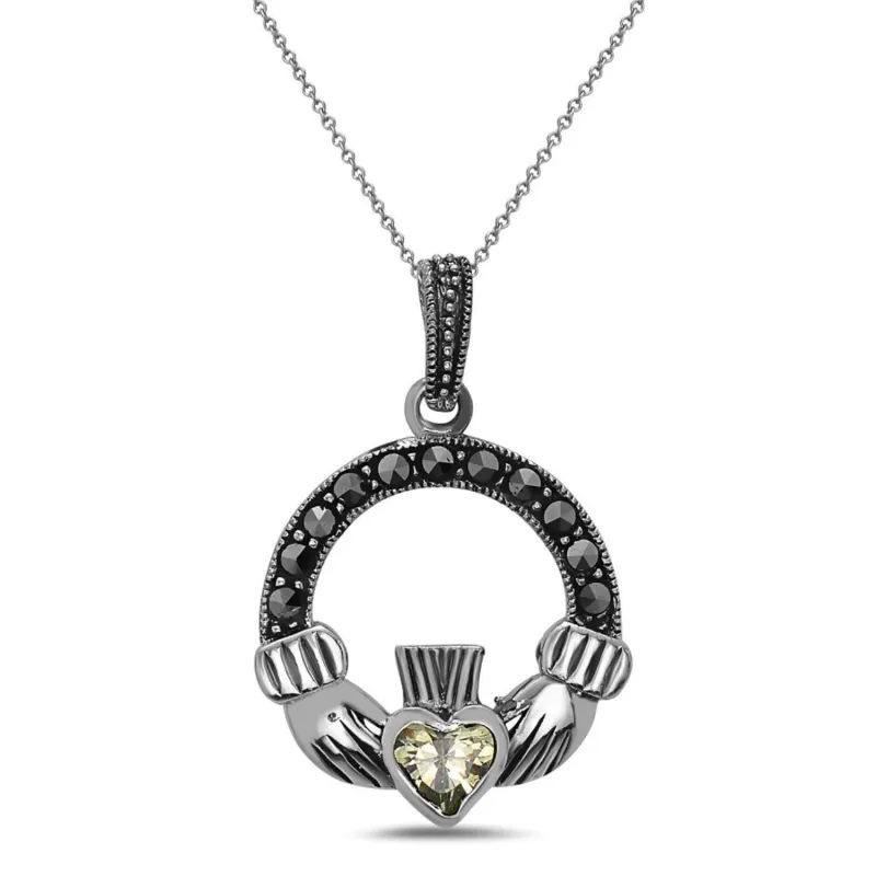 Marcasite & Sterling Silver Claddagh with Light Green CZ Necklace sold by Zulily