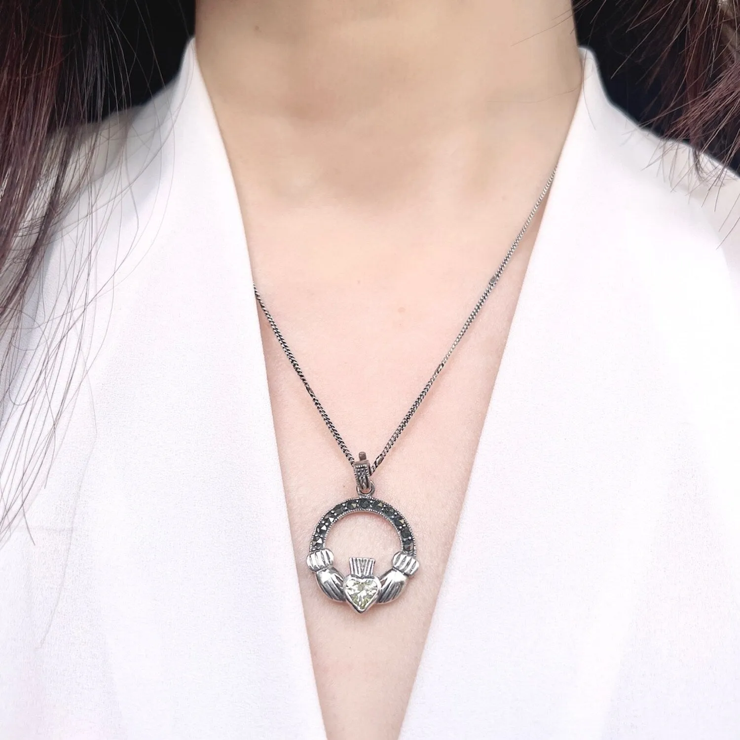 Marcasite & Sterling Silver Claddagh with Light Green CZ Necklace sold by Zulily product image thumbnail 2