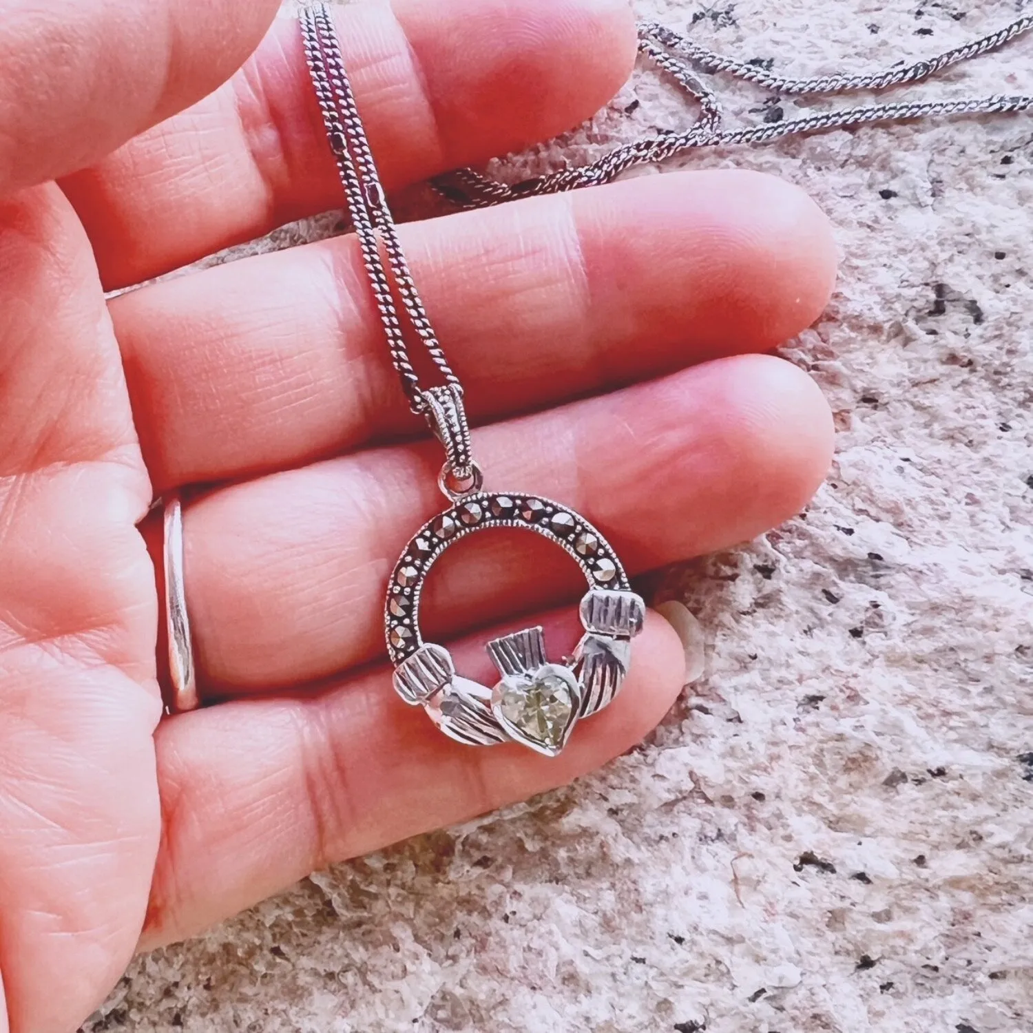 Marcasite & Sterling Silver Claddagh with Light Green CZ Necklace sold by Zulily product image thumbnail 3