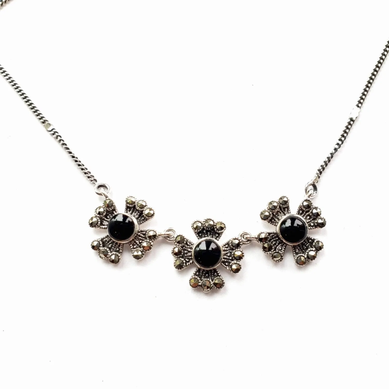 Marcasite & Sterling Silver Triple Flowers with Onyx Necklace sold by Zulily product image thumbnail 3