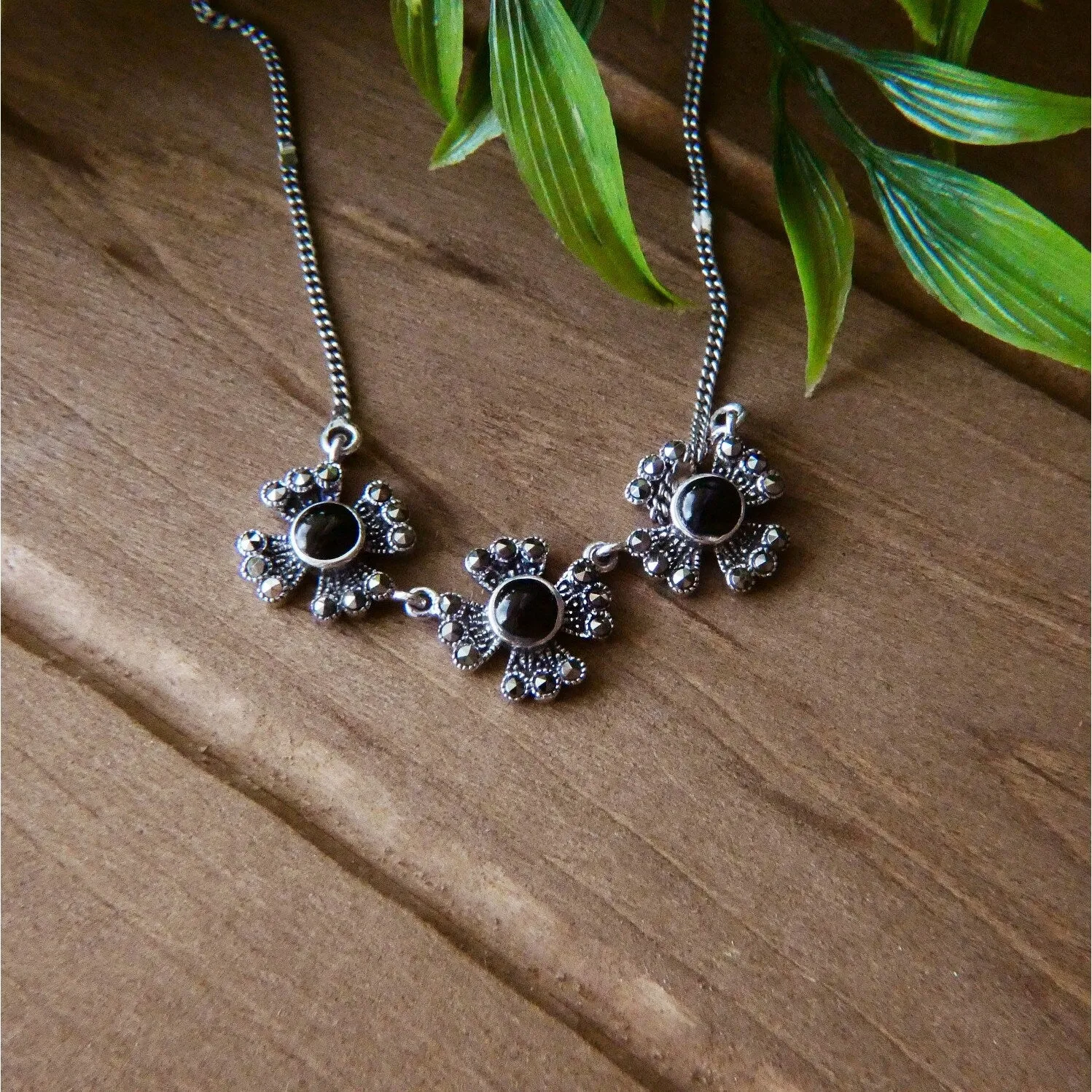 Marcasite & Sterling Silver Triple Flowers with Onyx Necklace sold by Zulily