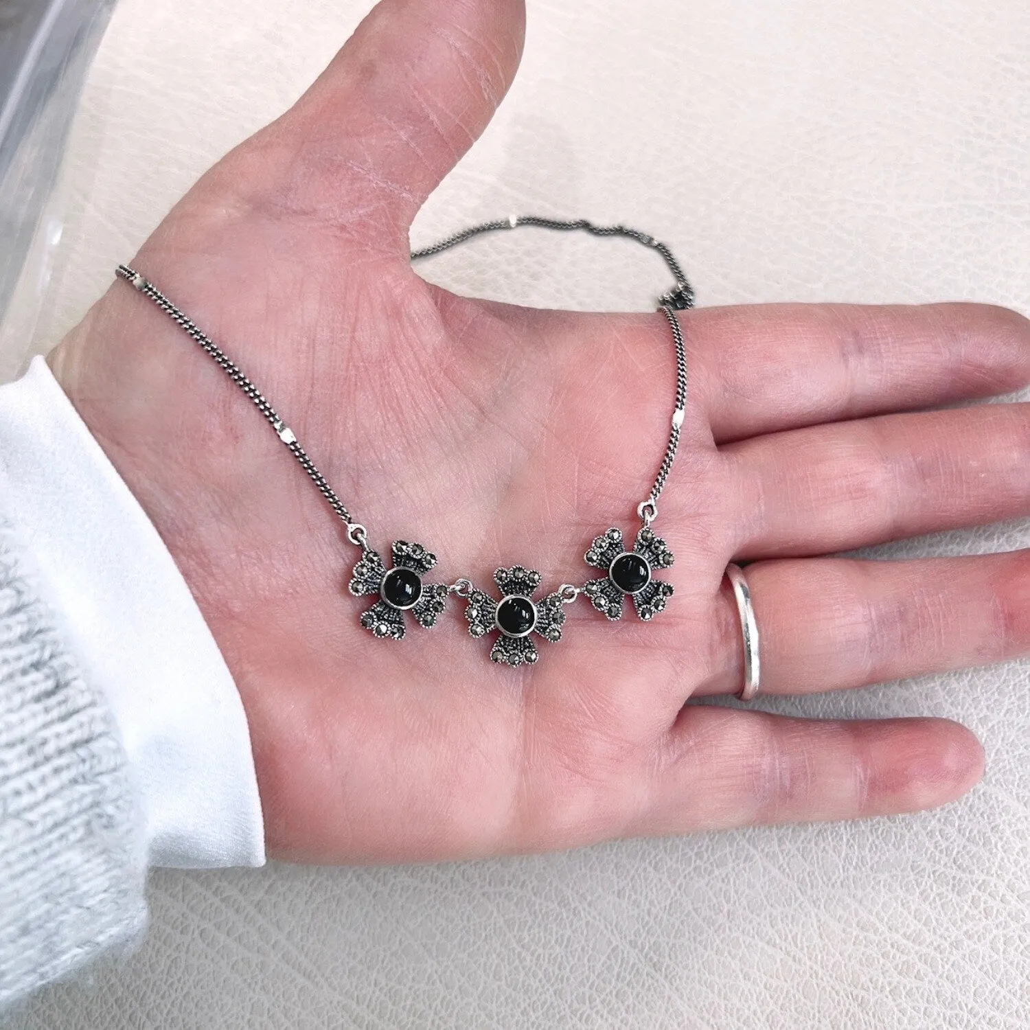 Marcasite & Sterling Silver Triple Flowers with Onyx Necklace sold by Zulily product image thumbnail 2