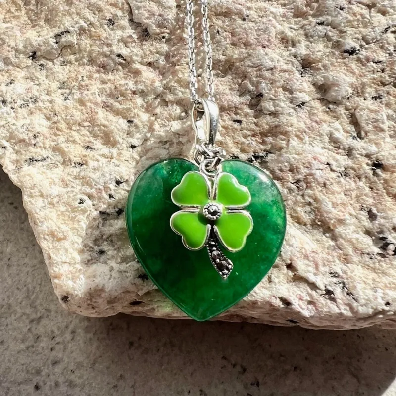 Marcasite & Sterling Silver Jadeite Heart with Clover Green Enamel charms sold by Zulily