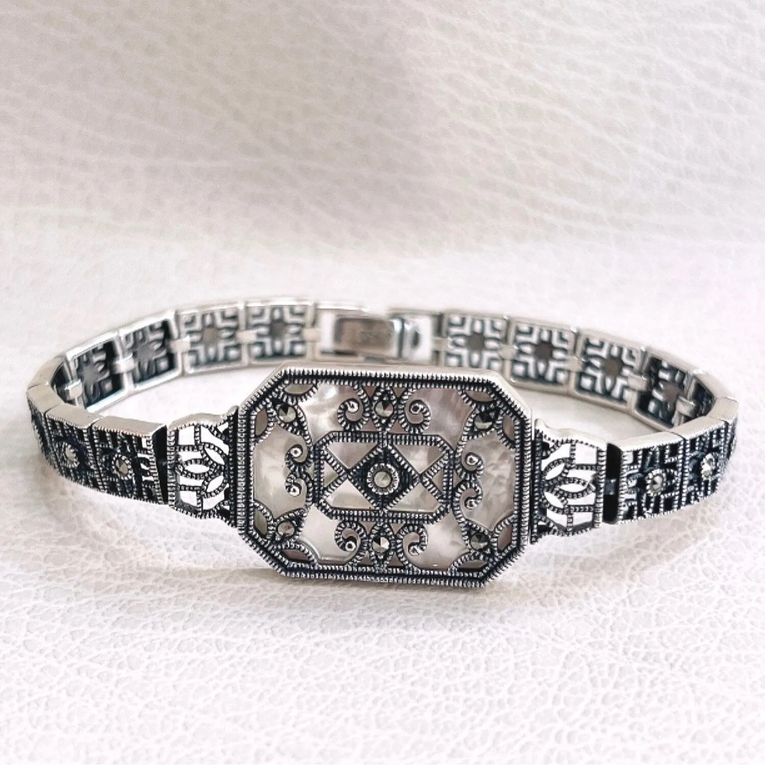 Marcasite & Sterling Silver Victoria Style Rectangular Mother of Pearl Centerpiece Bracelet sold by Zulily