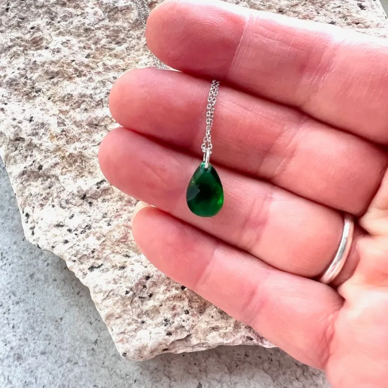 Sterling Silver Emerald Green Glass Teardrop Charm Necklace sold by Zulily