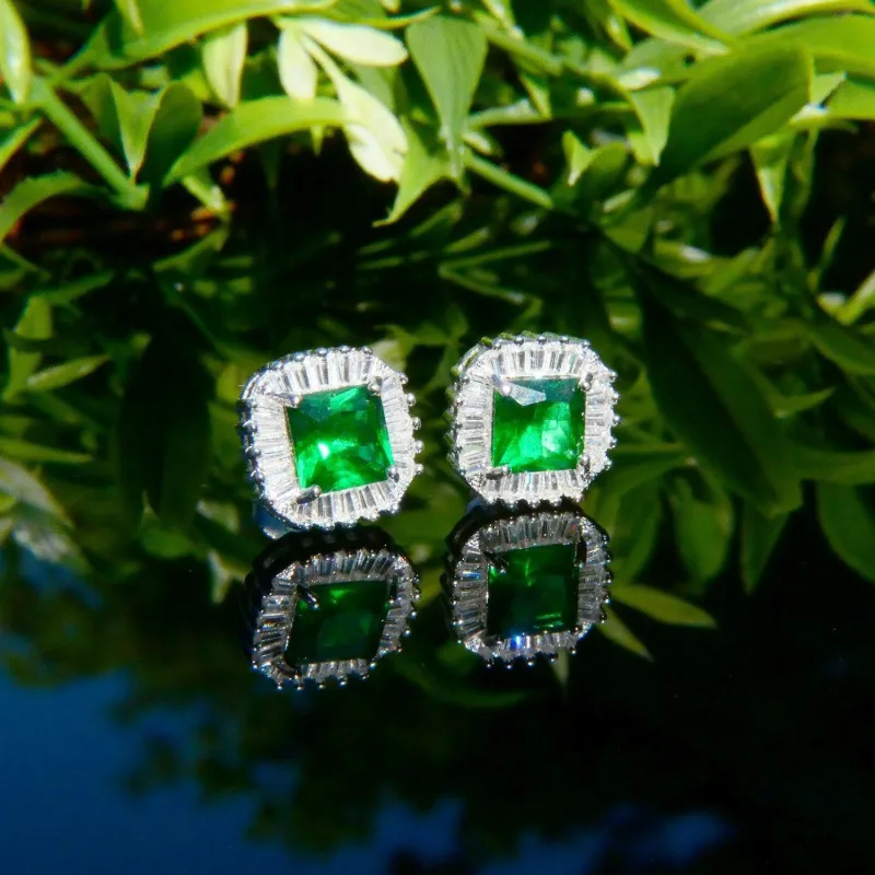 Sterling Silver Cushion Emerald Green Crystal with Baguette CZ Around Stud Earring sold by Zulily