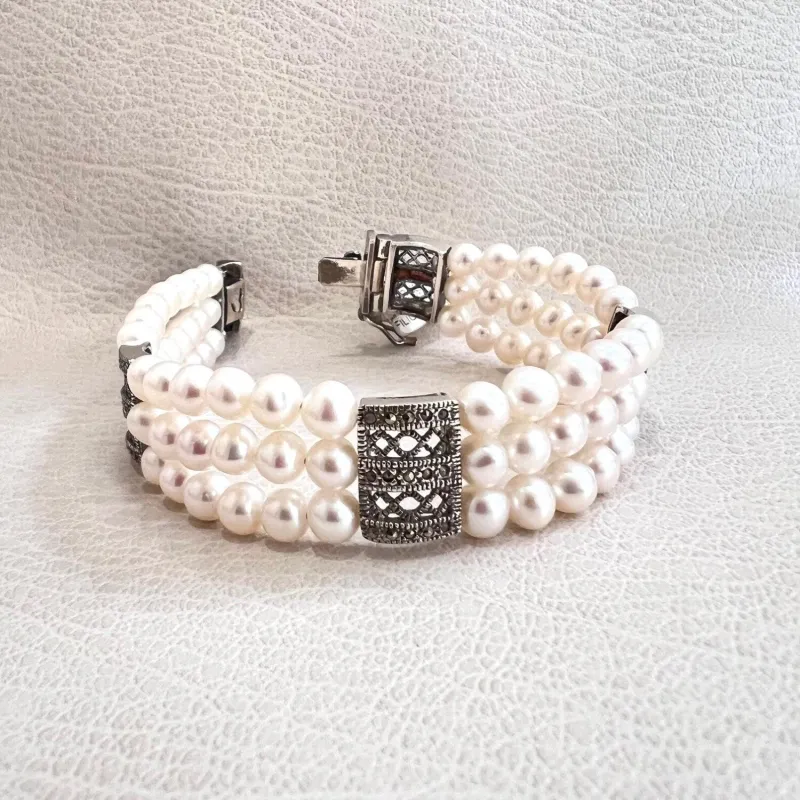 Sterling Silver Marcasite Dividers Freshwater Pearl Triple Lines Bracelet sold by Zulily