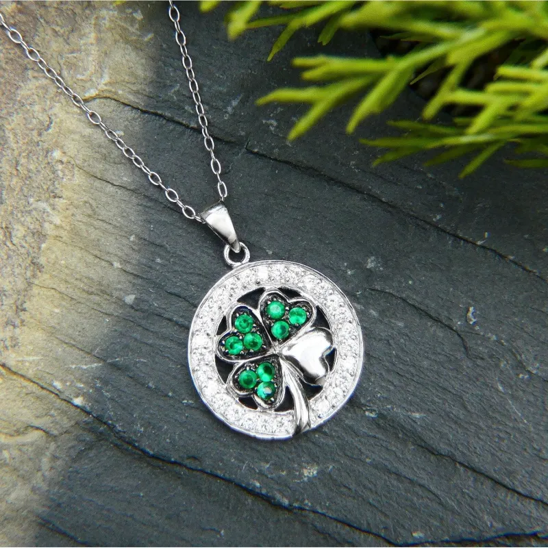 Sterling Silver CZ and Green Crystal Shamrock in Round Shape Charm Necklace sold by Zulily