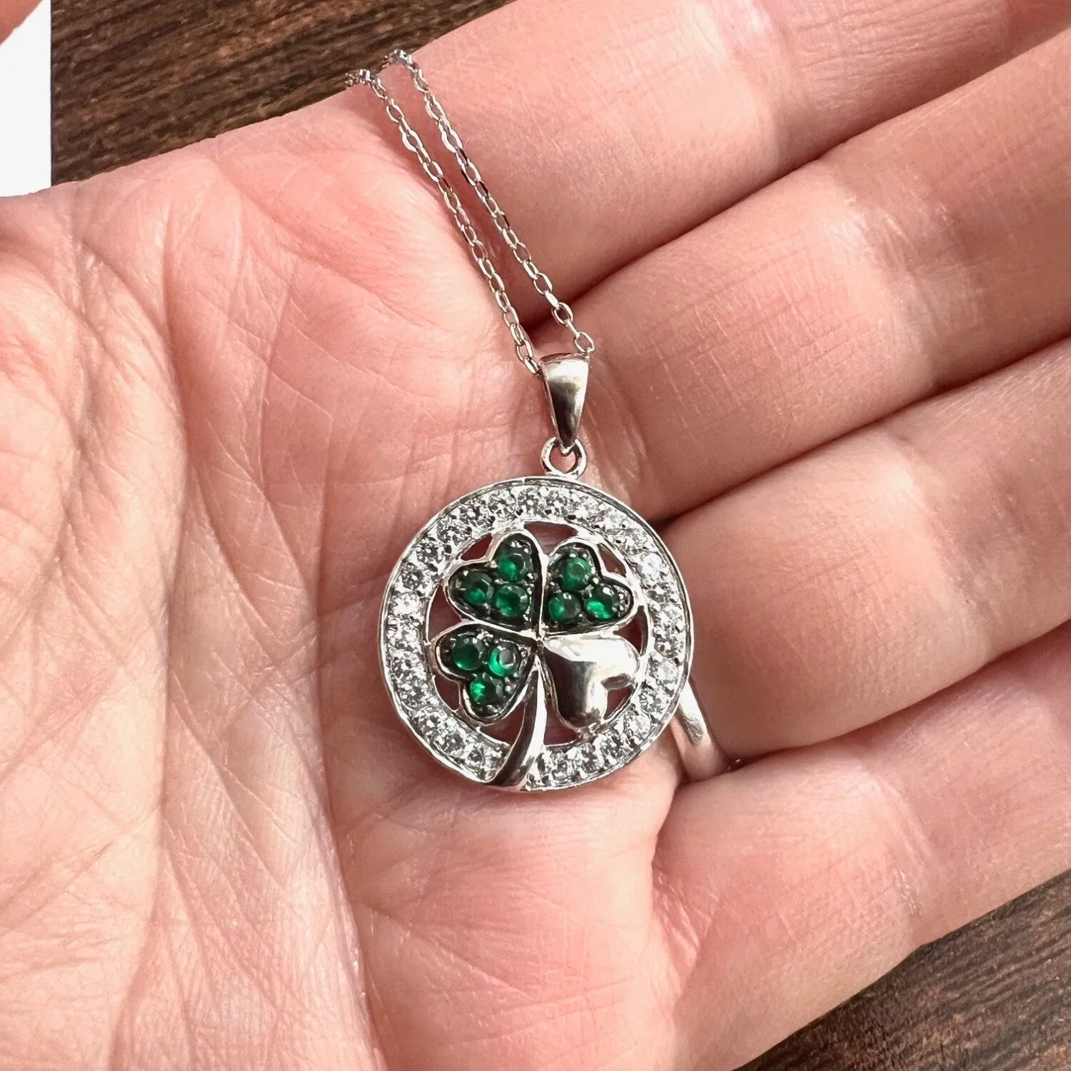 Sterling Silver CZ and Green Crystal Shamrock in Round Shape Charm Necklace sold by Zulily product image thumbnail 2