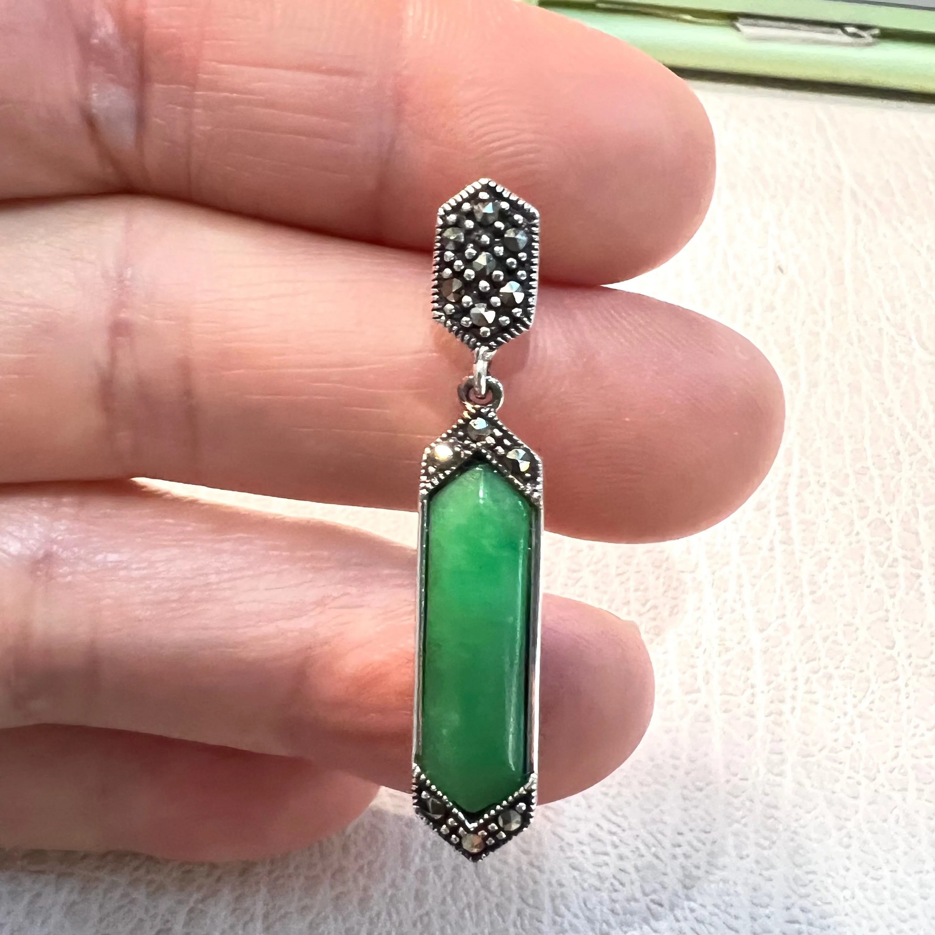 Marcasite Wrapped Green Jade panel long Drop Sterling Silver Earring sold by Zulily product image thumbnail 3