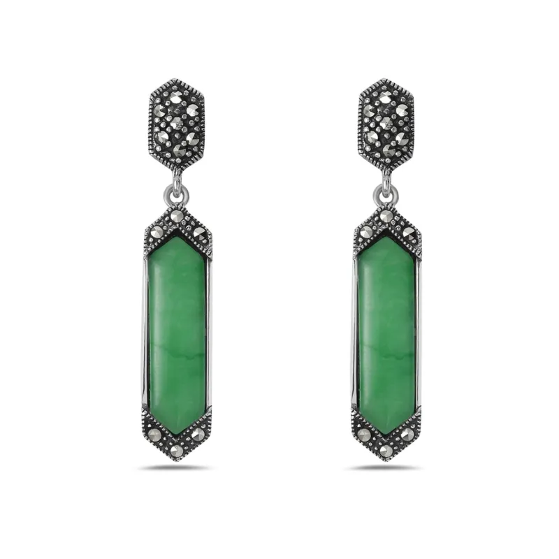 Marcasite Wrapped Green Jade panel long Drop Sterling Silver Earring sold by Zulily
