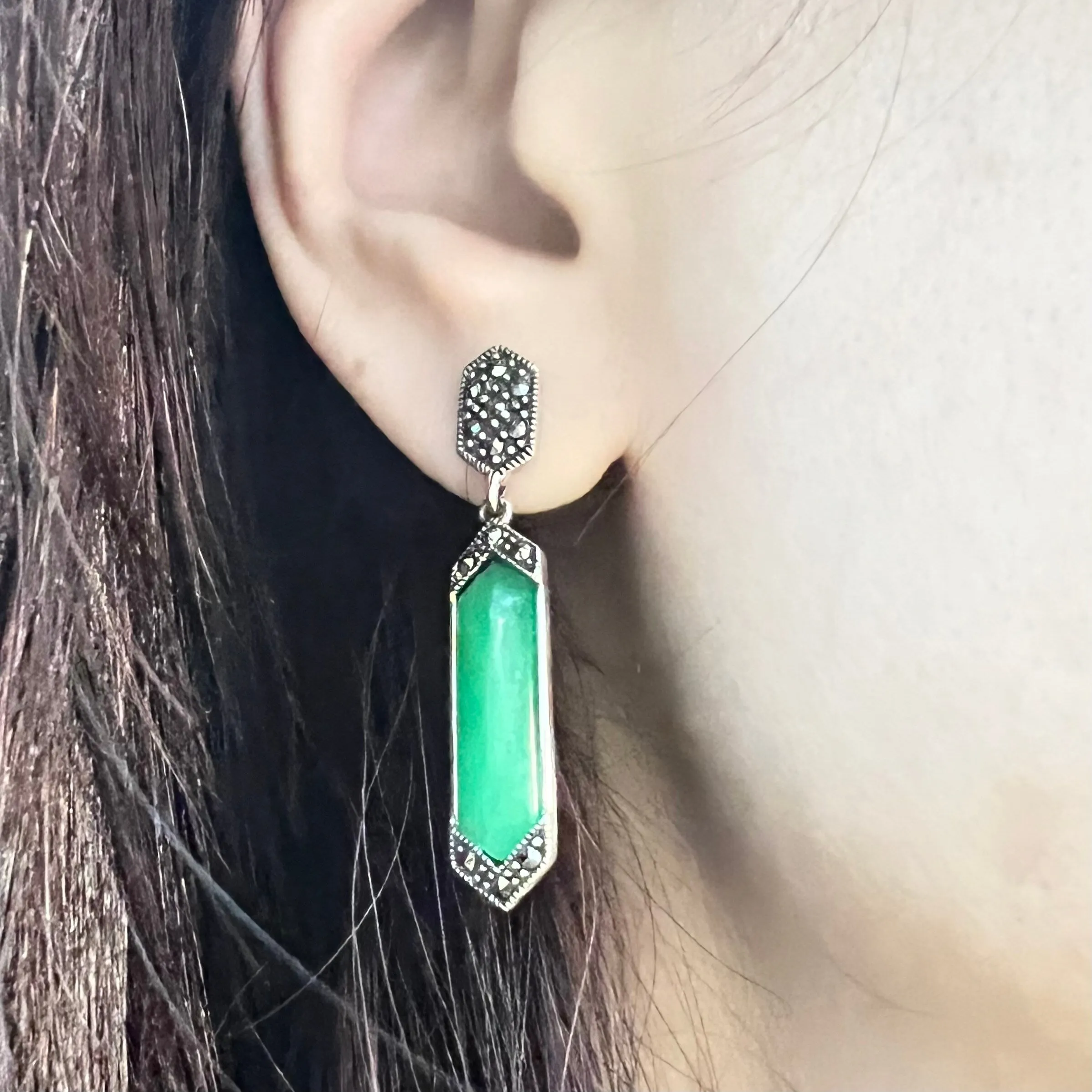 Marcasite Wrapped Green Jade panel long Drop Sterling Silver Earring sold by Zulily product image thumbnail 2