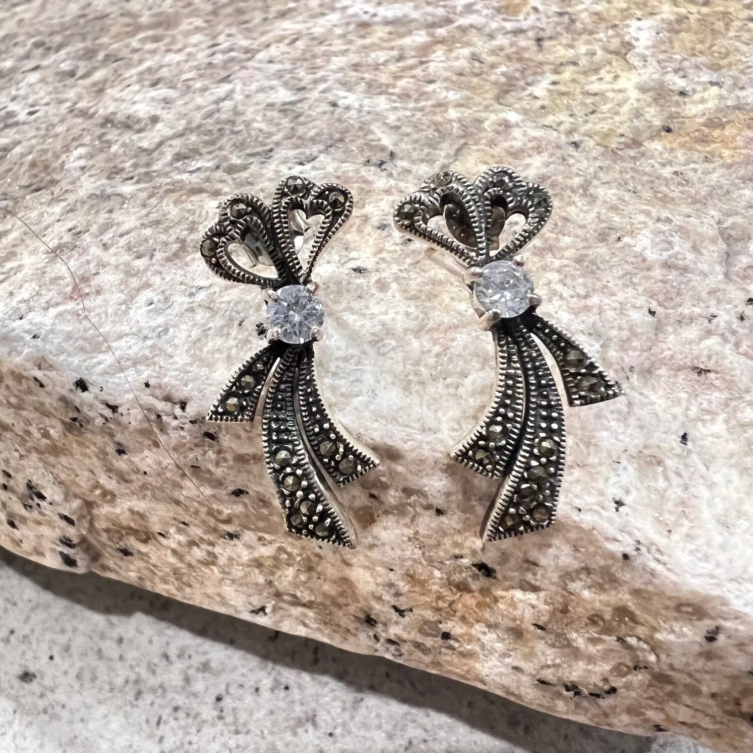 Marcasite Stone and Sterling Siler Bow Earring Post CZ Stone sold by Zulily product image thumbnail 4