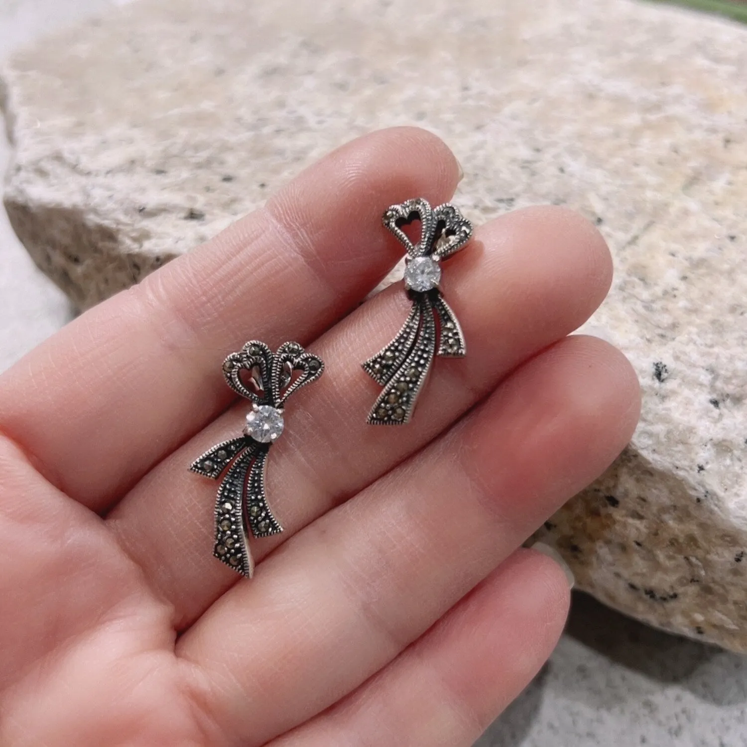 Marcasite Stone and Sterling Siler Bow Earring Post CZ Stone sold by Zulily product image thumbnail 2