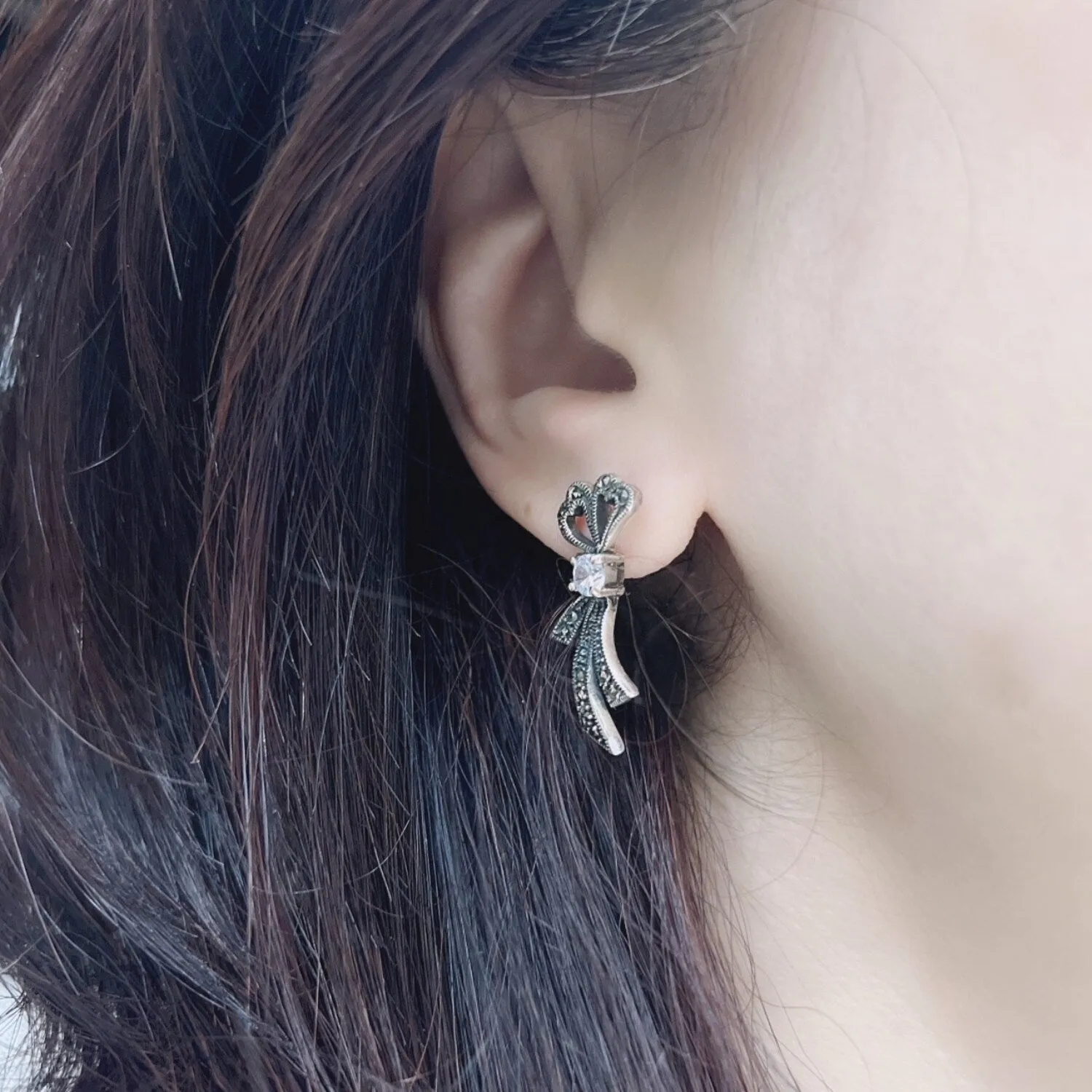 Marcasite Stone and Sterling Siler Bow Earring Post CZ Stone sold by Zulily product image thumbnail 3