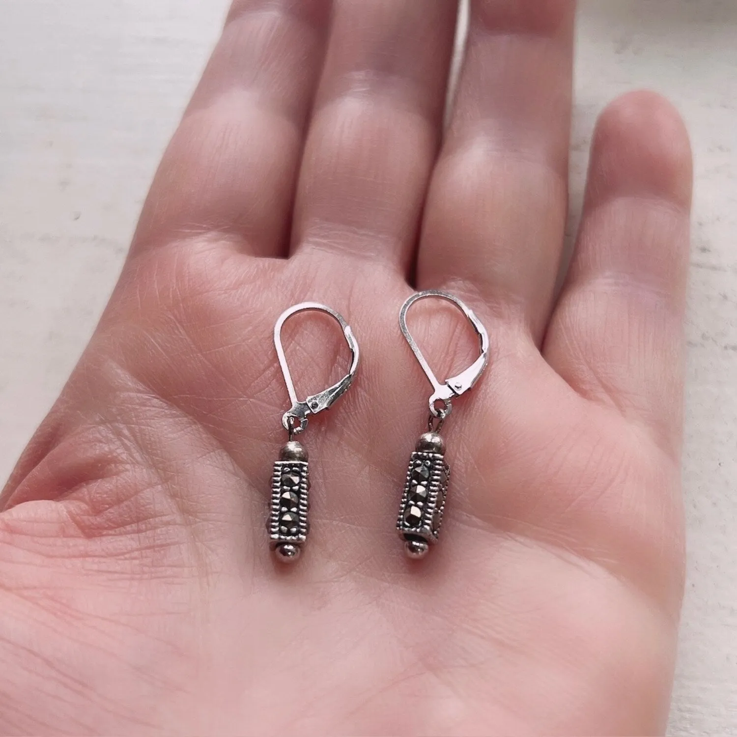 Marcasite 4-sided Pillar Cute Drop with Leverback Sterling Silver Earring sold by Zulily product image thumbnail 3