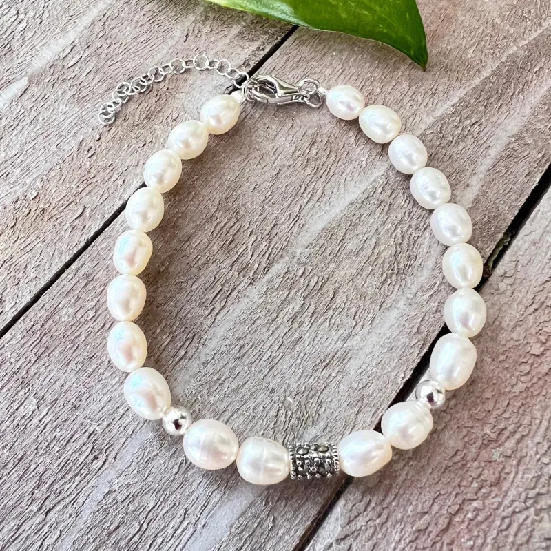 Marcasite Tube Freshwater Pearl Beads Sterling Silver Bracelet sold by Zulily