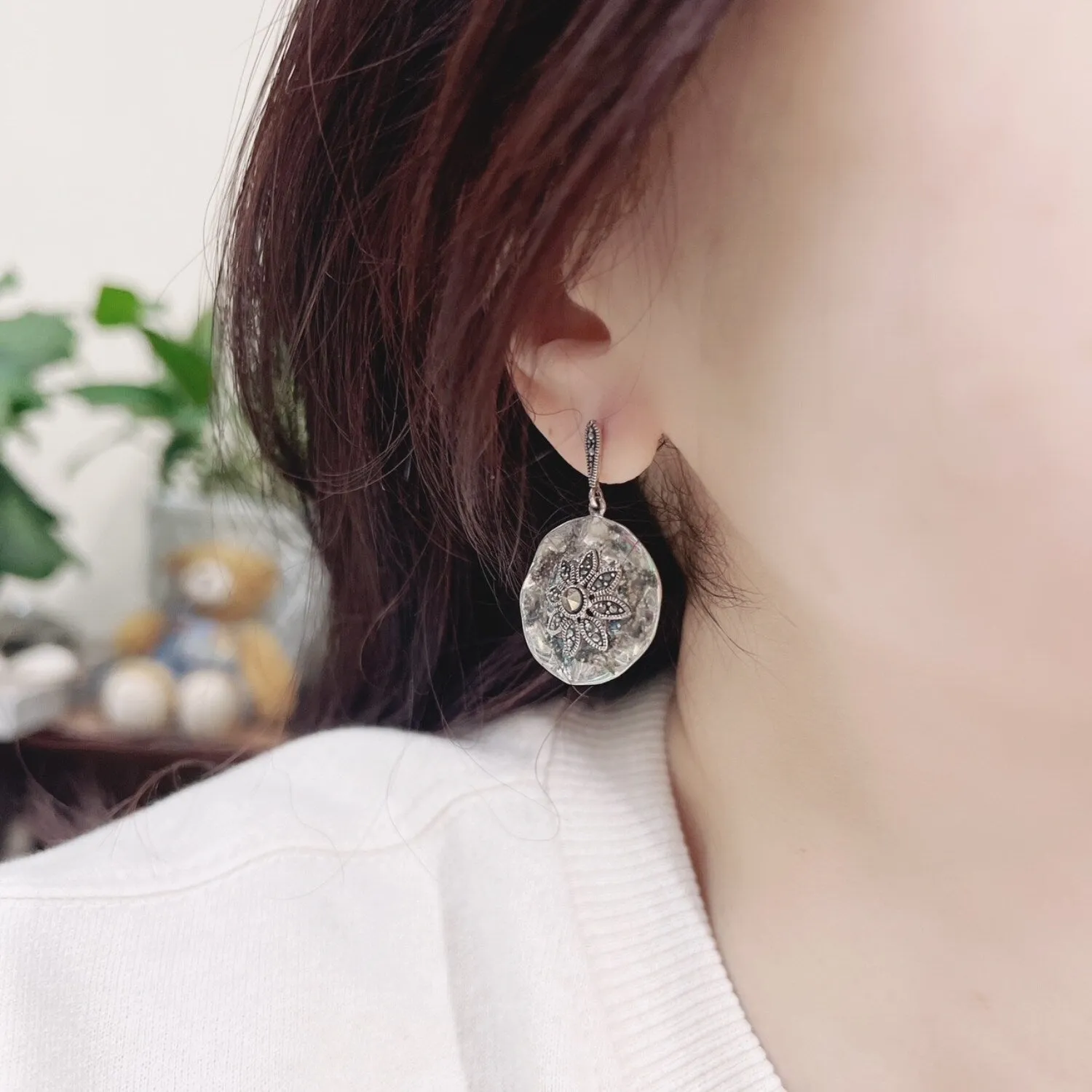 Marcasite Sterling Silver Flower Round Coin Texture Earring sold by Zulily product image thumbnail 2