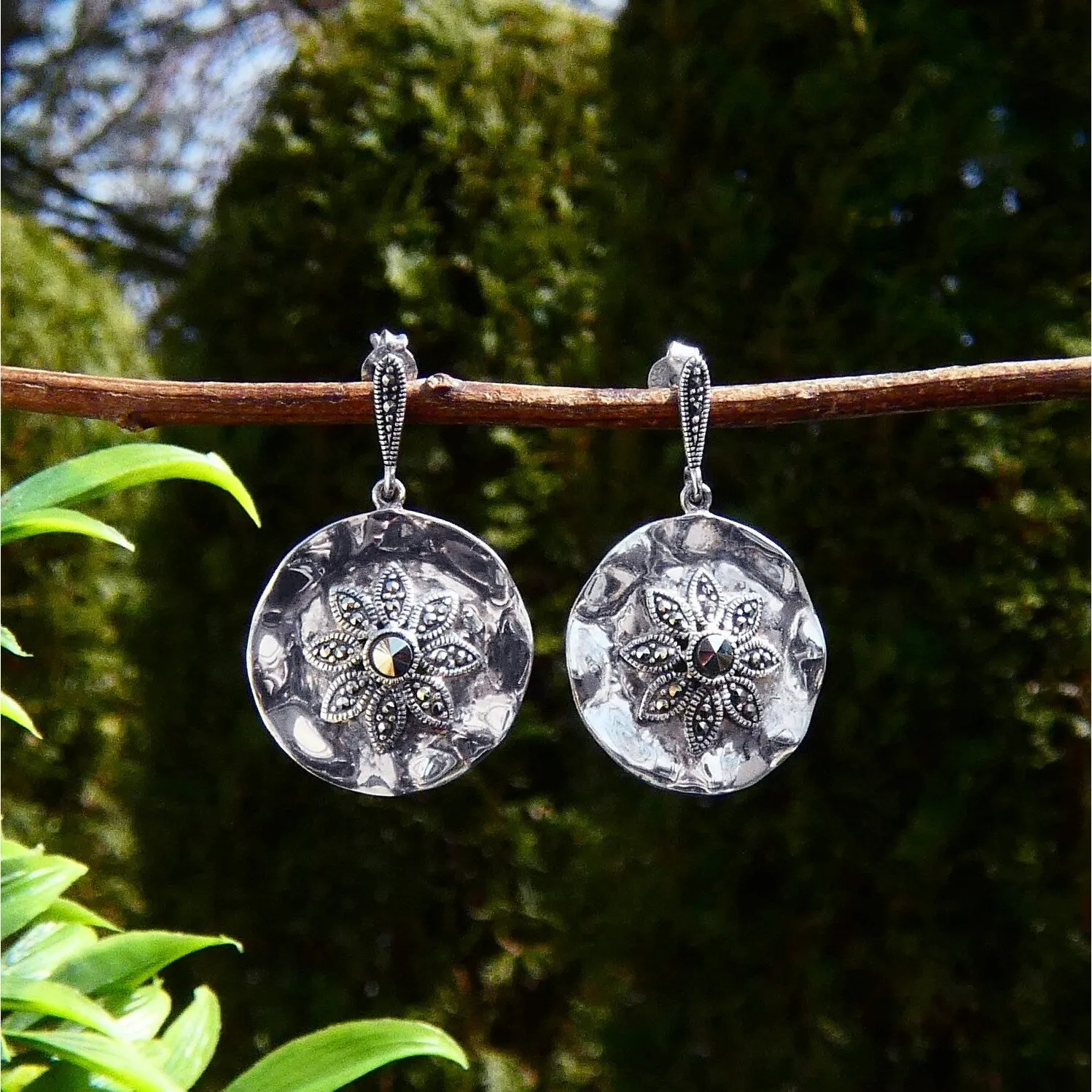 Marcasite Sterling Silver Flower Round Coin Texture Earring sold by Zulily