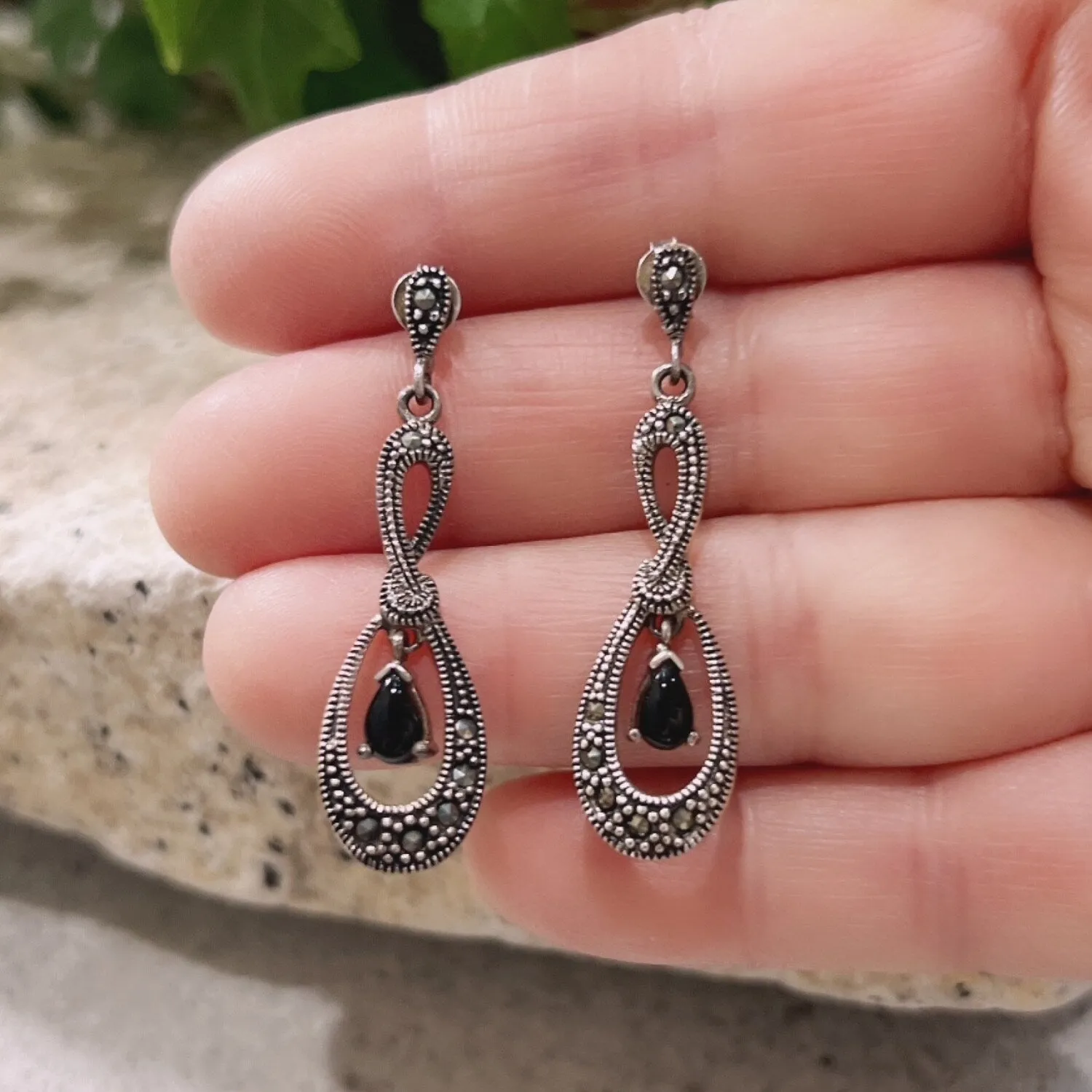 Marcasite and Sterling Silver Onyx Drop Teardrop Line Earring sold by Zulily