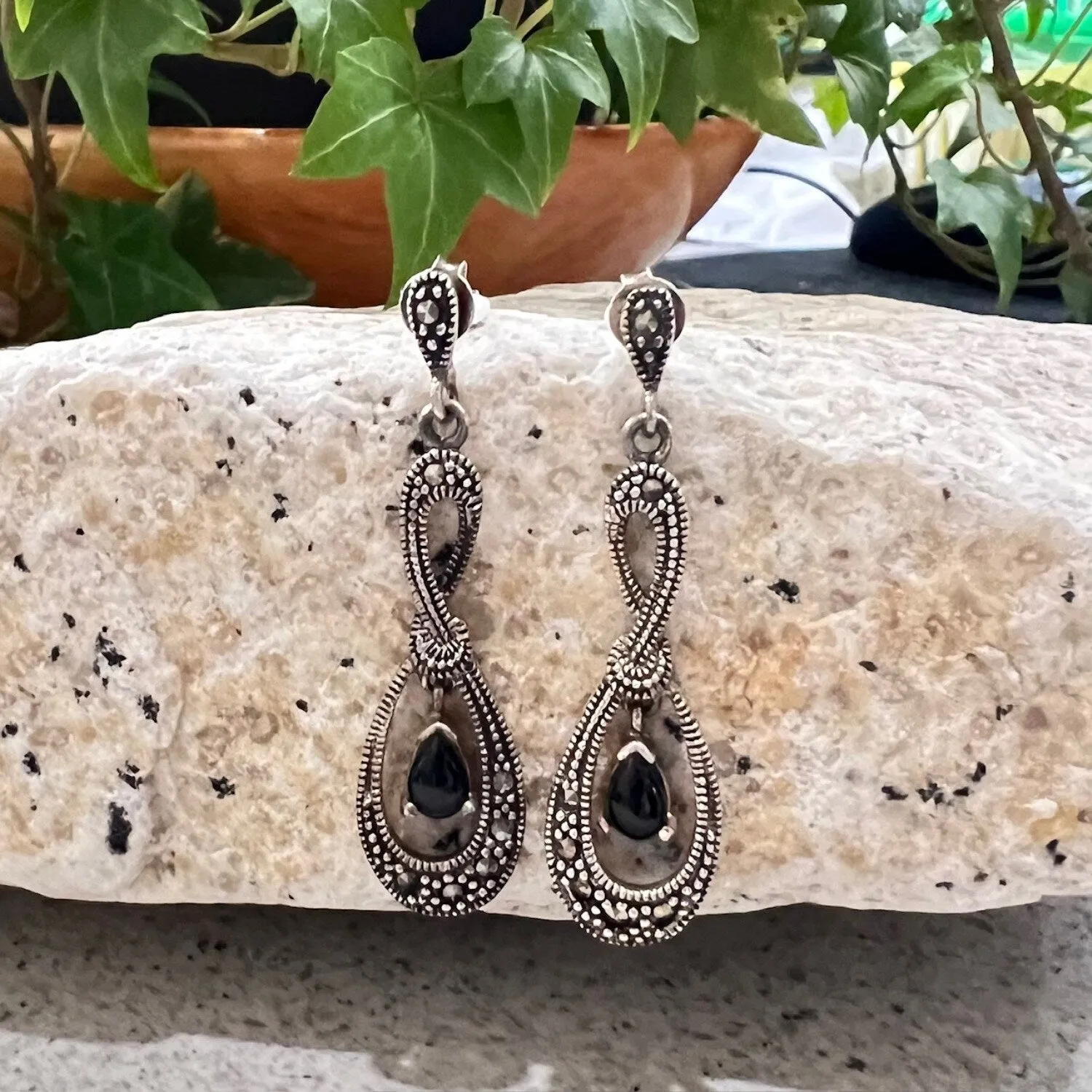 Marcasite and Sterling Silver Onyx Drop Teardrop Line Earring sold by Zulily product image thumbnail 3