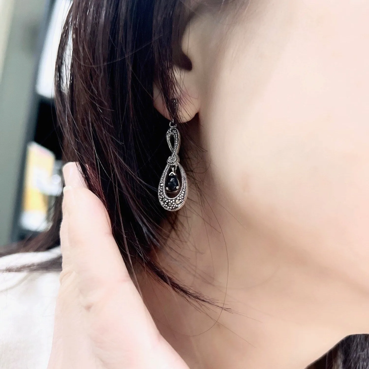 Marcasite and Sterling Silver Onyx Drop Teardrop Line Earring sold by Zulily product image thumbnail 2