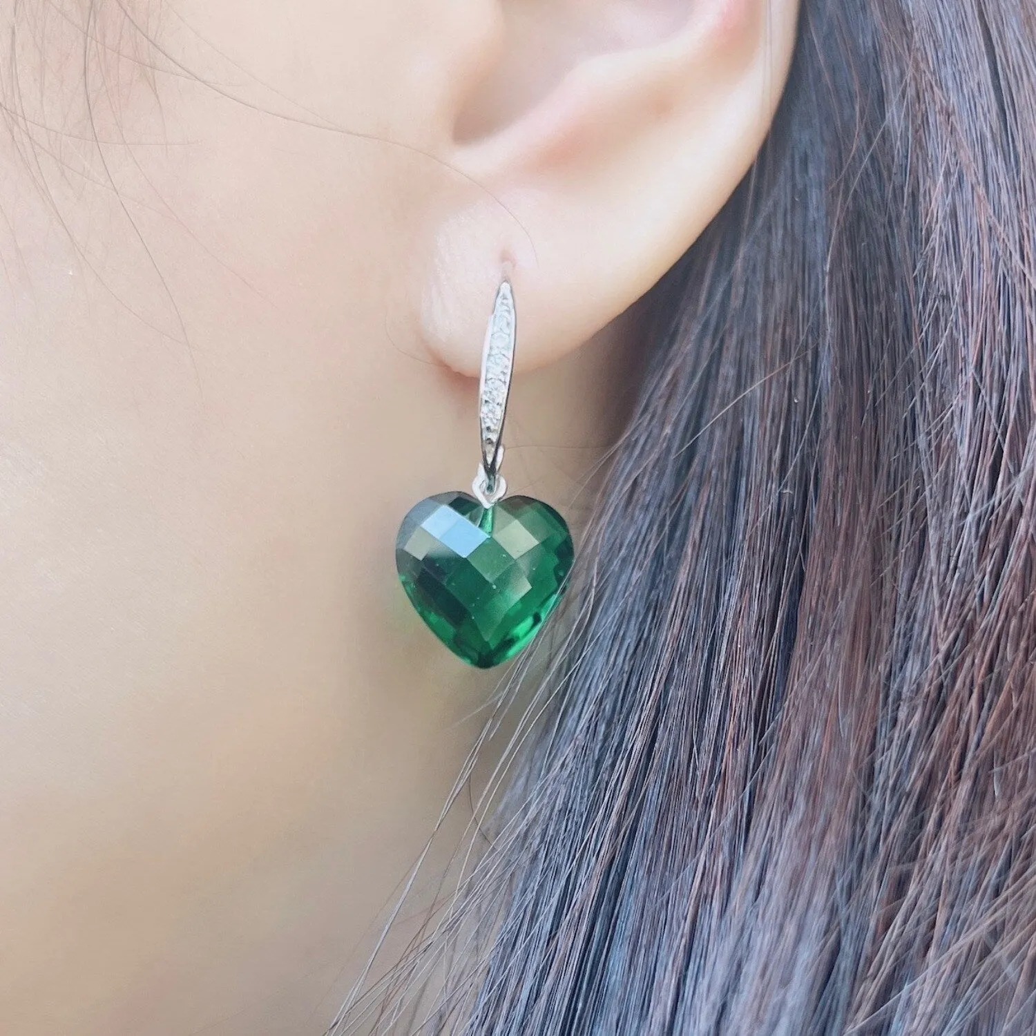 Sterling Silver Heart Shaped Emerald Green Crystal with CZ Bar Top Earring sold by Zulily product image thumbnail 2