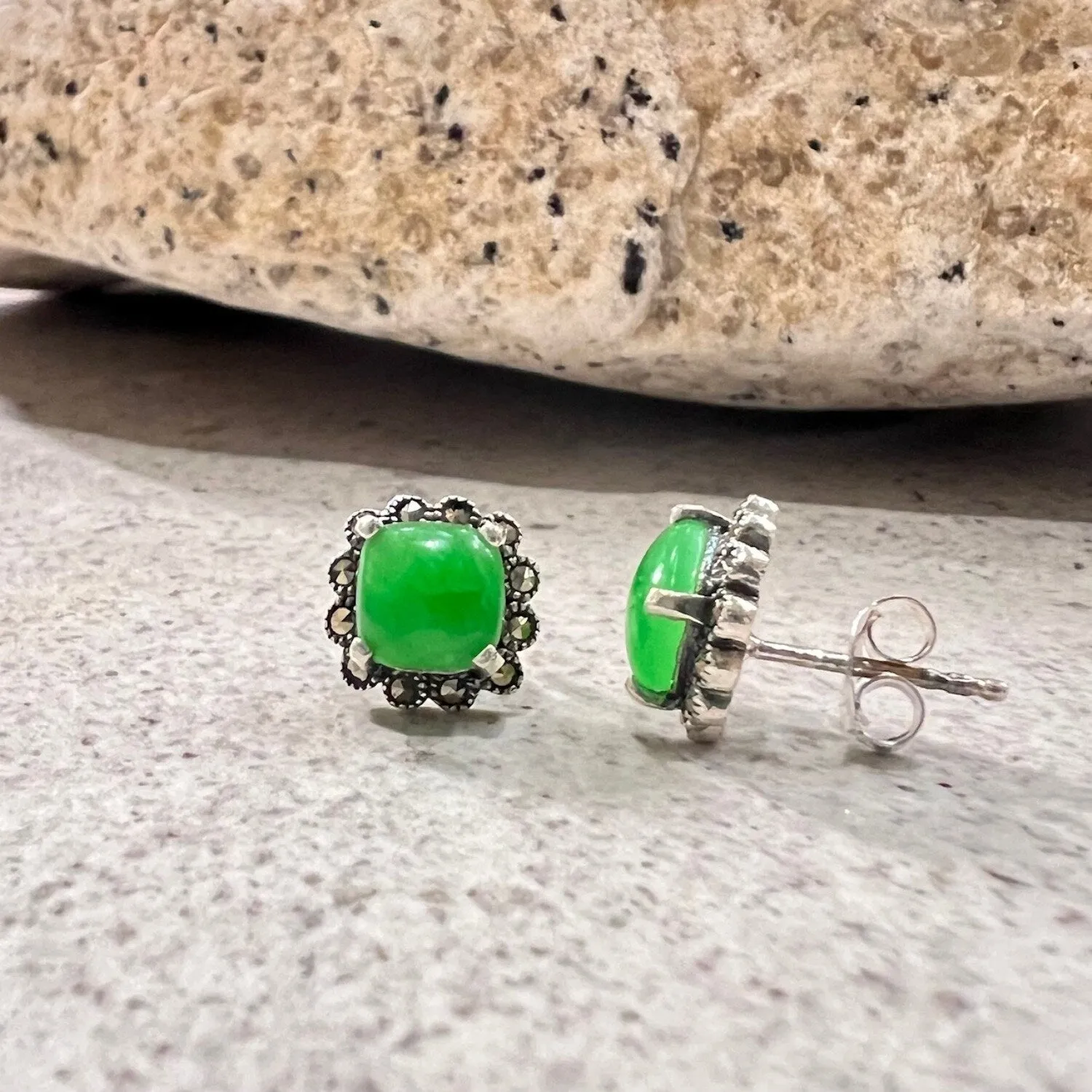 Marcasite Cushion Green Jade Sterling Silver Stud Earring sold by Zulily product image thumbnail 3