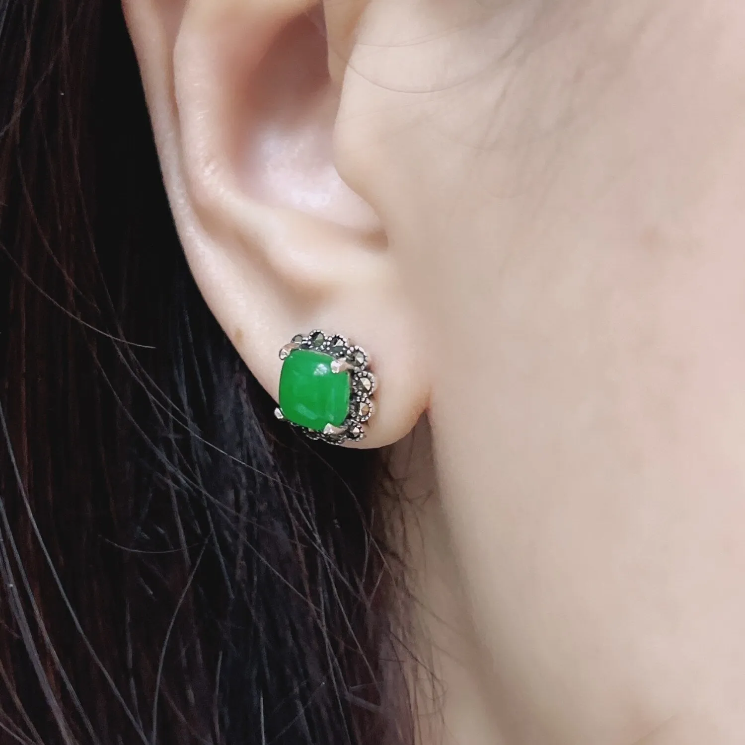 Marcasite Cushion Green Jade Sterling Silver Stud Earring sold by Zulily product image thumbnail 2