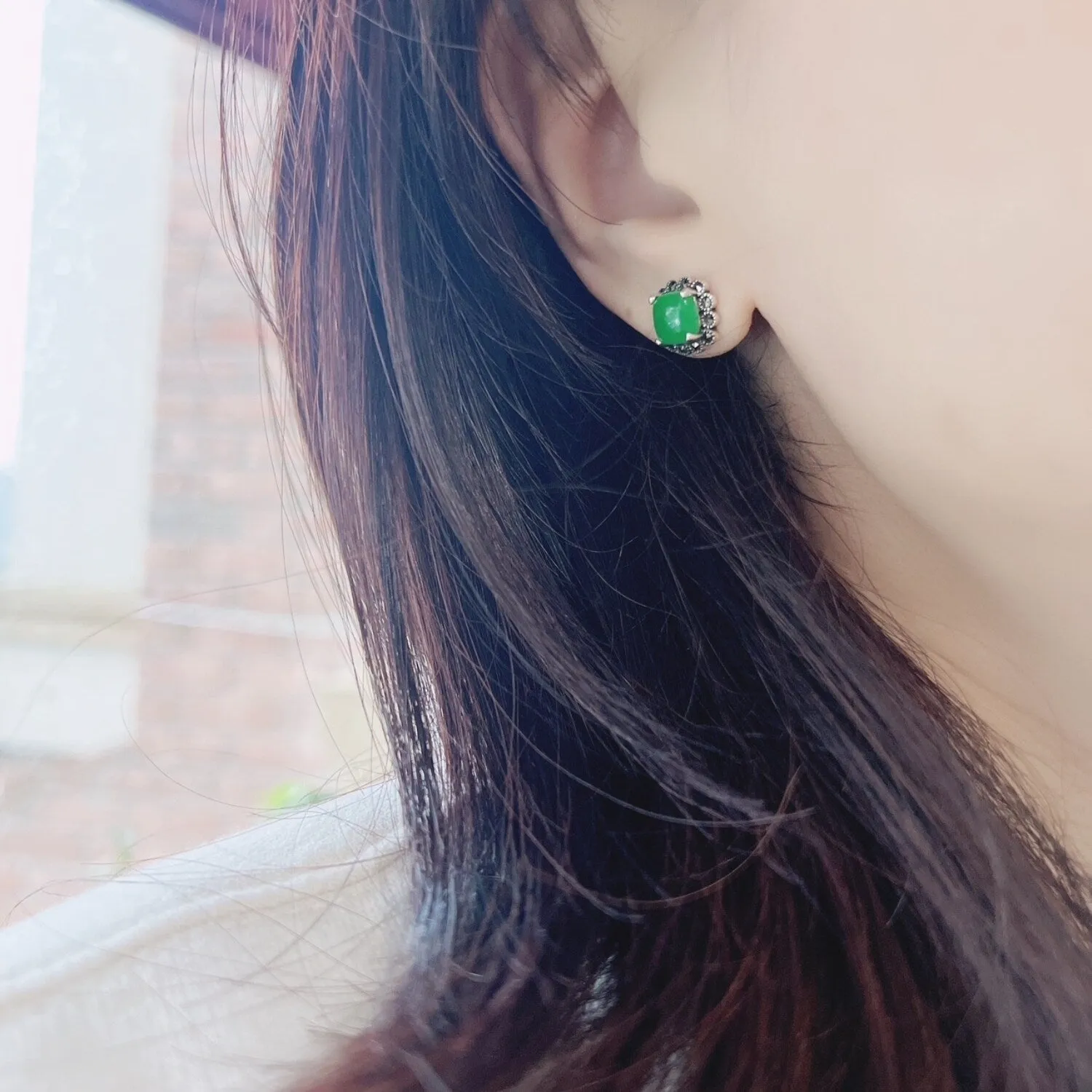 Marcasite Cushion Green Jade Sterling Silver Stud Earring sold by Zulily product image thumbnail 4