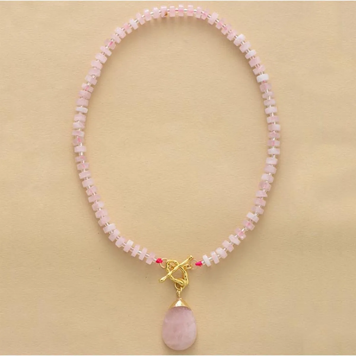 Rose Quartz Beaded Teardrop T Bar Necklace - White sold by Zulily