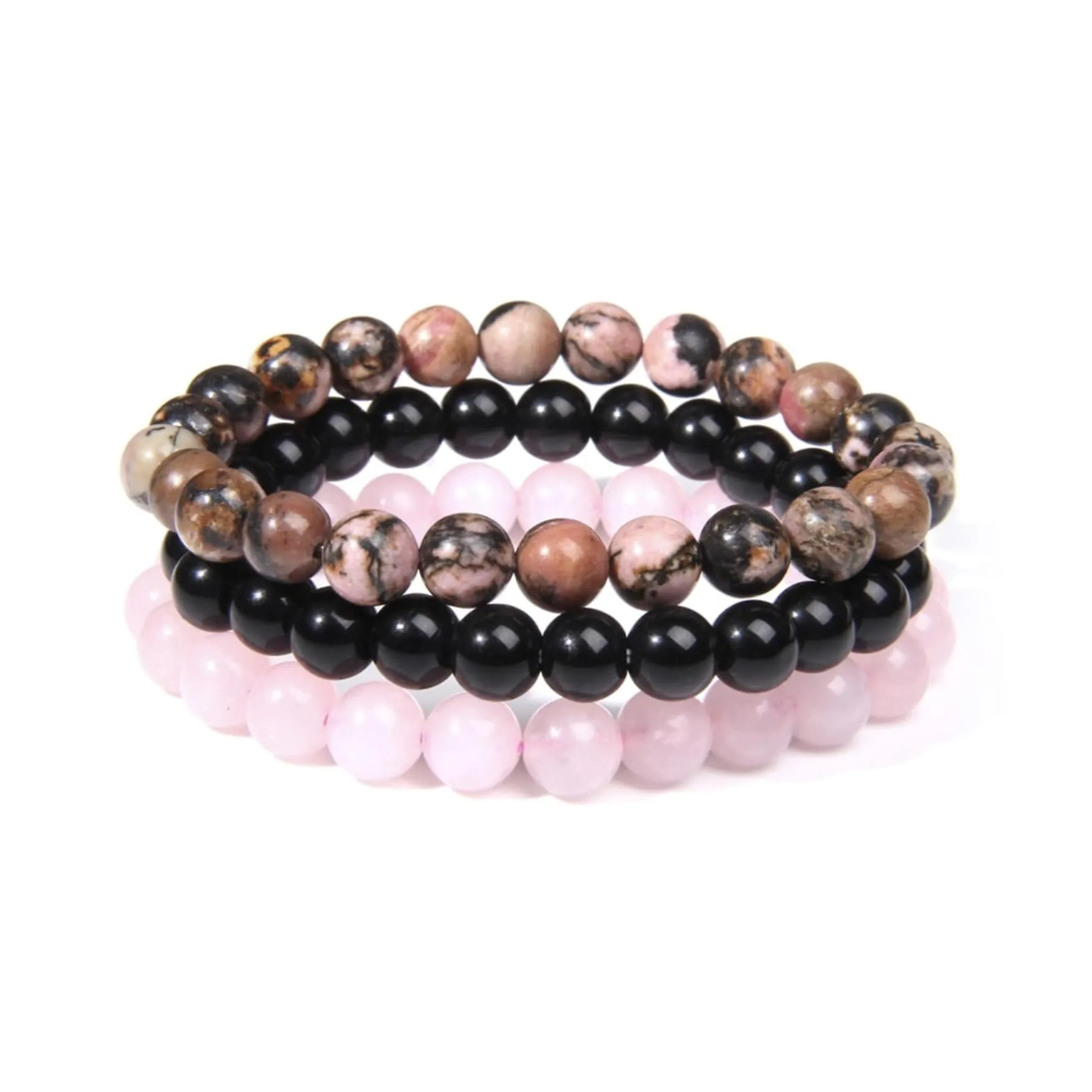 Rhodonite, Rose Quartz and Onyx Gemstone Beaded Stretch Bracelets - set of 3 - Multi sold by Zulily