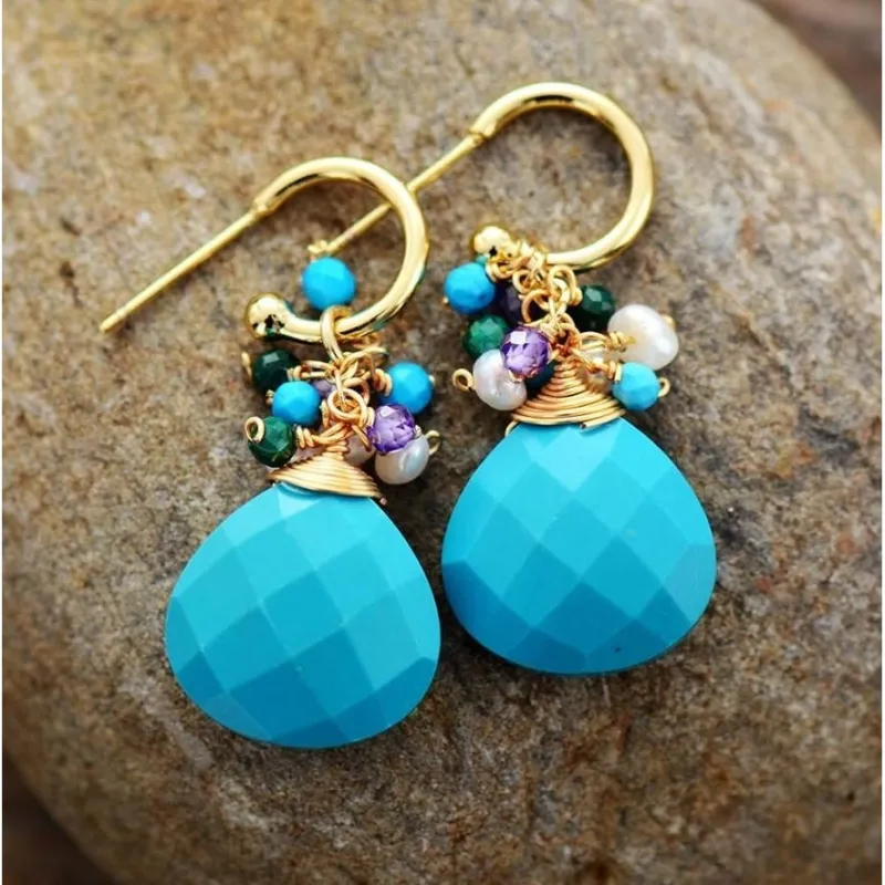 Handmade Turquoise Agate Gemstone Beaded Cluster Drop Earrings sold by Zulily