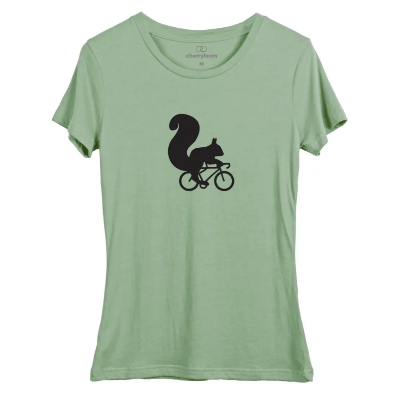 squirrel on bicycle (no words) women's fitted tee sold by Zulily