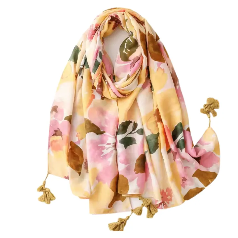 Floral Watercolor Print Scarf with Tassel Accents sold by Zulily
