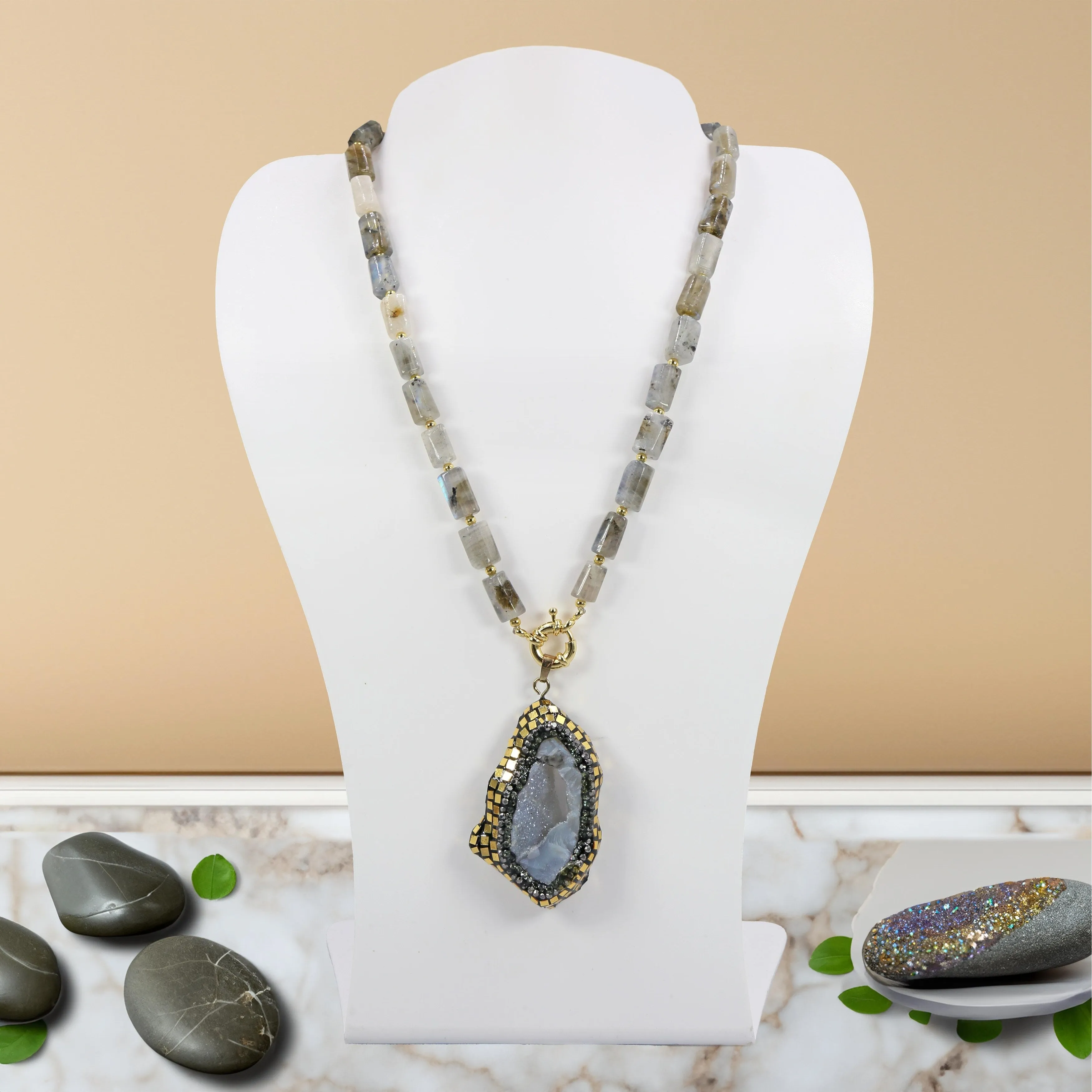 Labradorite & Gold Beaded Statement Necklace with Druzy Pendant sold by Zulily product image thumbnail 2