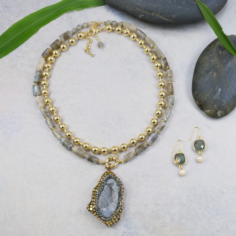 Labradorite & Gold Beaded Statement Necklace with Druzy Pendant sold by Zulily