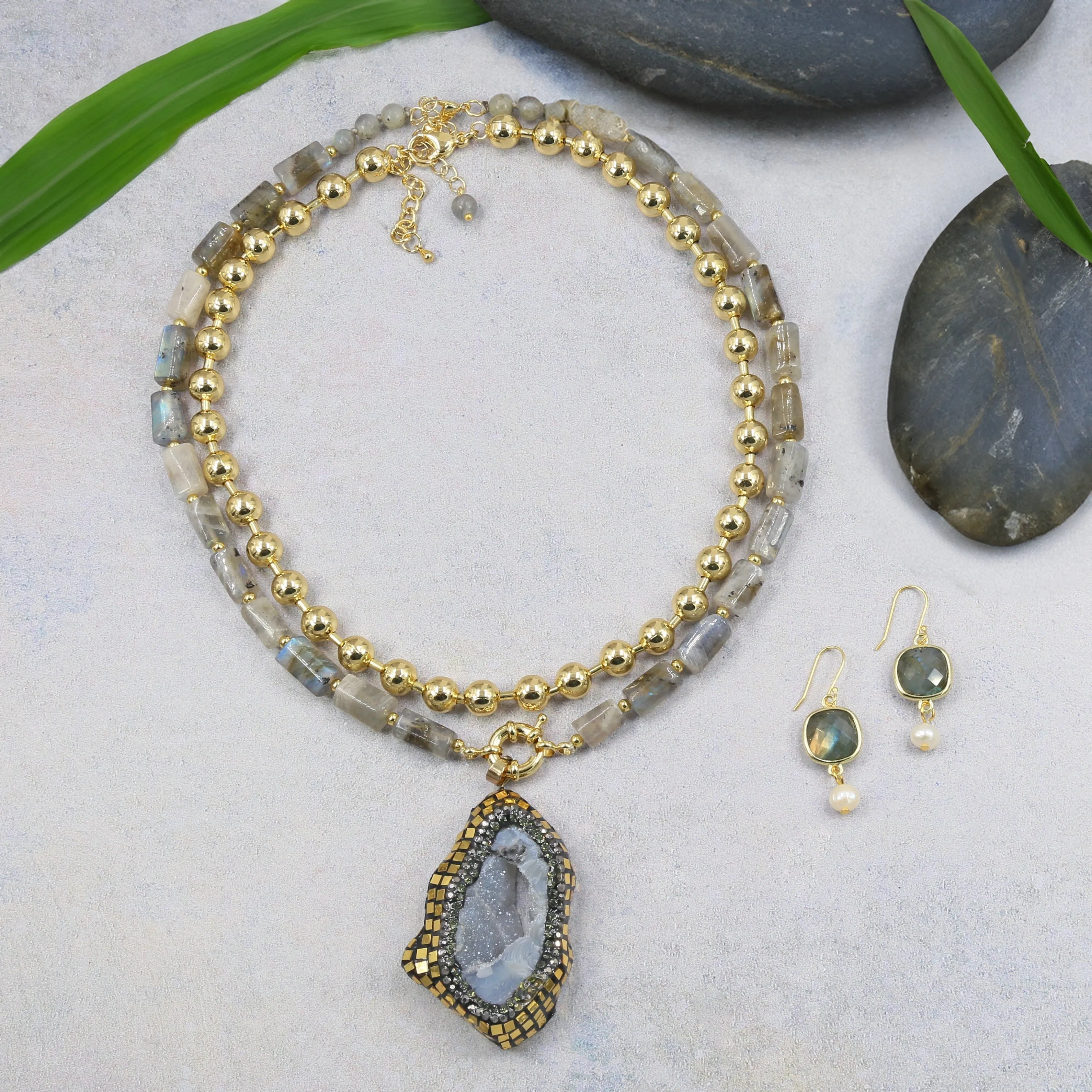 Labradorite & Gold Beaded Statement Necklace with Druzy Pendant sold by Zulily