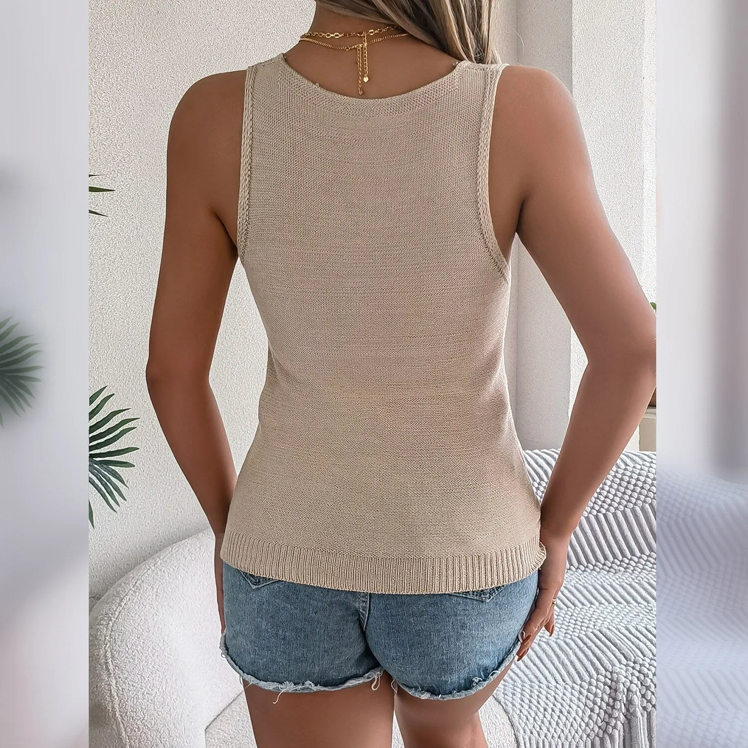 Khaki V-Neck Hollow Knit Top sold by Zulily product image thumbnail 4