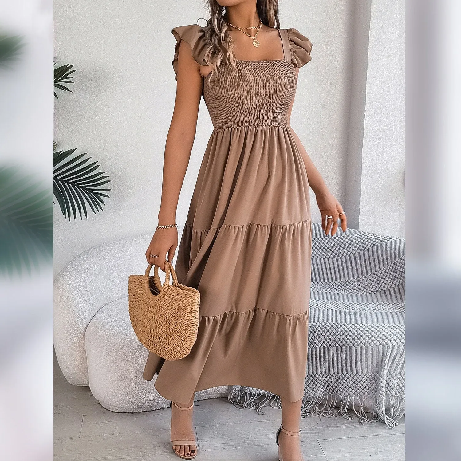 Khaki Ruffle-Sleeve Smocked Tiered Dress sold by Zulily product image thumbnail 2