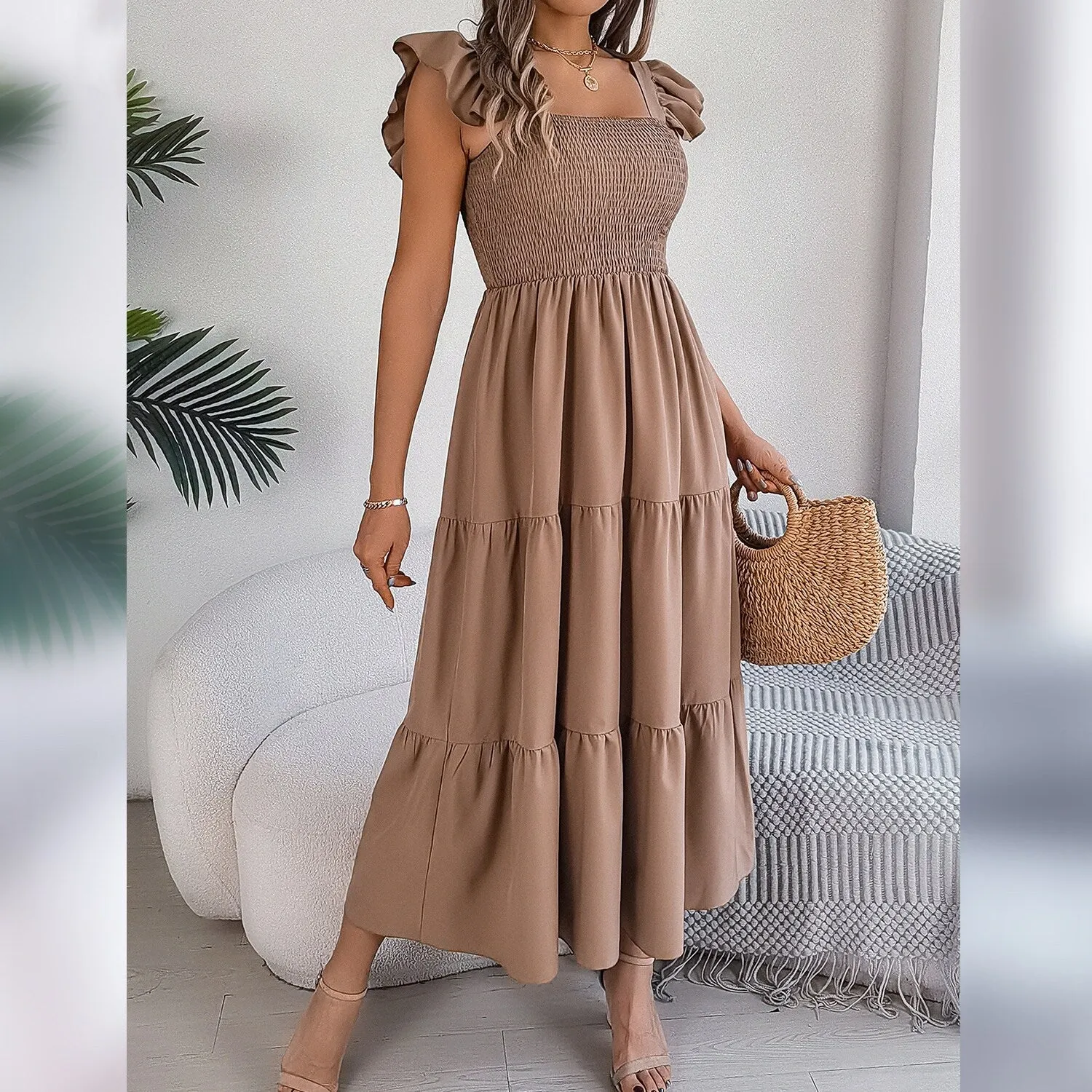 Khaki Ruffle-Sleeve Smocked Tiered Dress sold by Zulily product image thumbnail 4