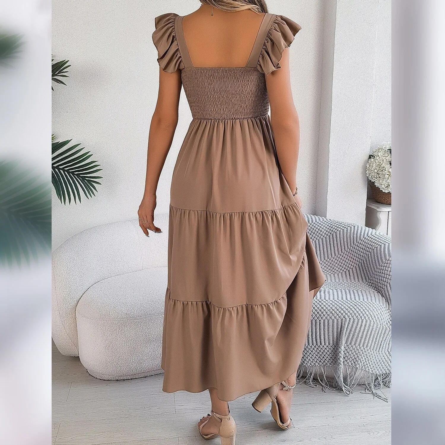 Khaki Ruffle-Sleeve Smocked Tiered Dress sold by Zulily product image thumbnail 3