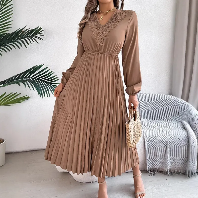 Khaki V-Neck Lace-Trim Pleated Dress sold by Zulily