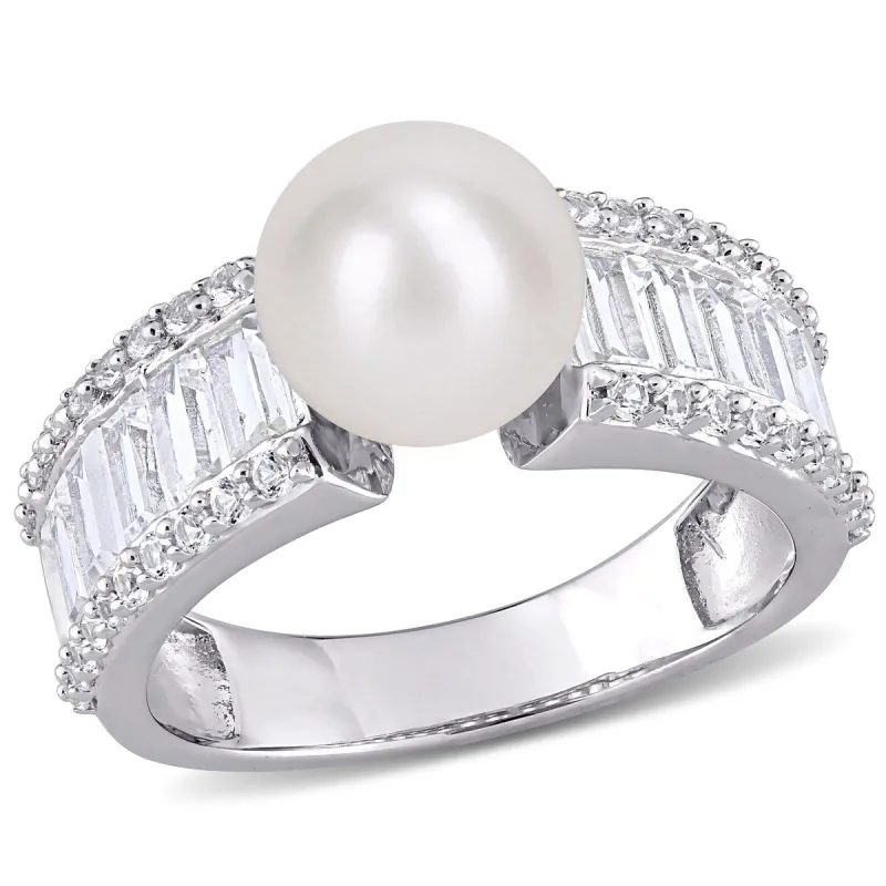 Miadora Sterling Silver FW Cultured Pearl & Created White Sapphire Multi-row Cocktail Ring (8-8.5mm) sold by Zulily