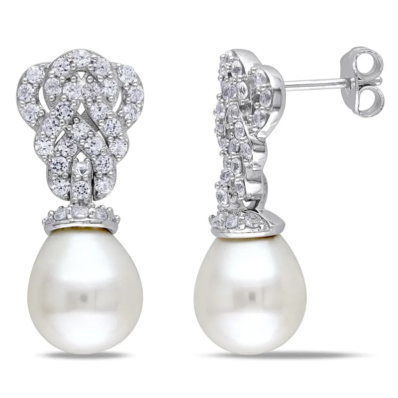 Miadora 9-9.5 mm White Cultured Freshwater Pearl Earrings with Created White Sapphire in Sterling Silver sold by Zulily