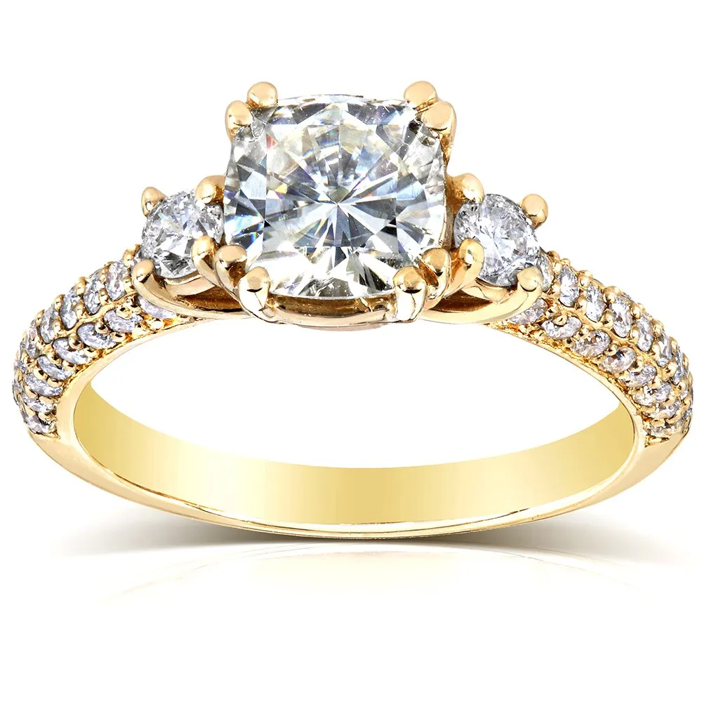Annello by Kobelli 14k Yellow Gold 1 1/2ct TGW Forever One Cushion Moissanite and Diamond 3 Stone Micro Pave Engagement Ring sold by Zulily product image thumbnail 4