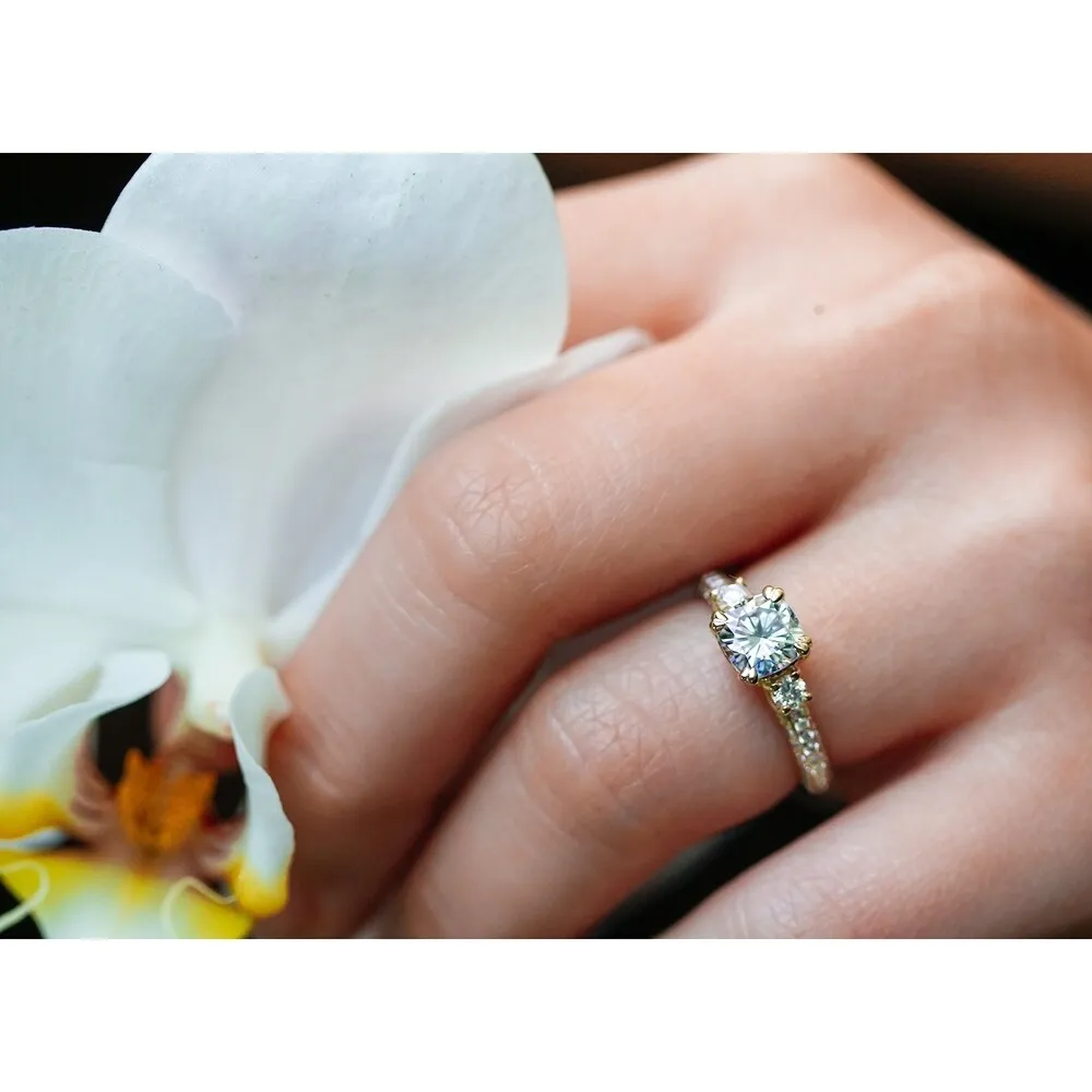 Annello by Kobelli 14k Yellow Gold 1 1/2ct TGW Forever One Cushion Moissanite and Diamond 3 Stone Micro Pave Engagement Ring sold by Zulily