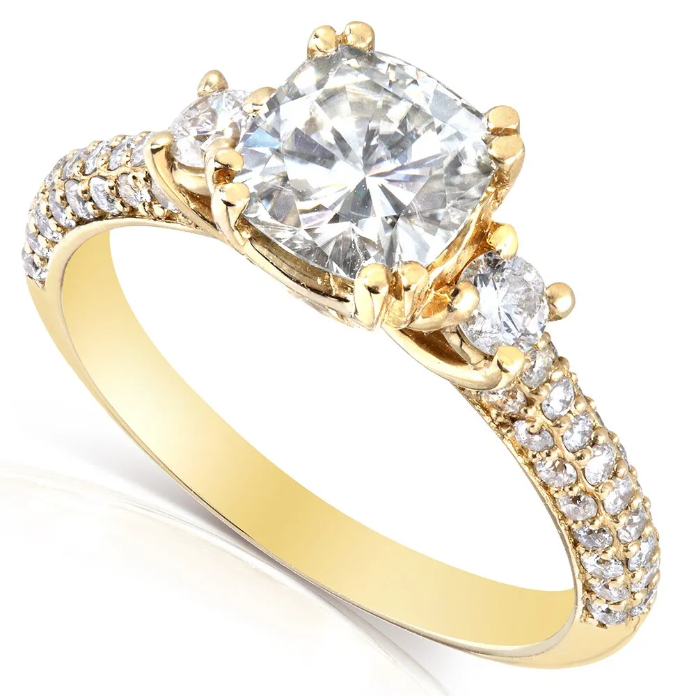Annello by Kobelli 14k Yellow Gold 1 1/2ct TGW Forever One Cushion Moissanite and Diamond 3 Stone Micro Pave Engagement Ring sold by Zulily product image thumbnail 3
