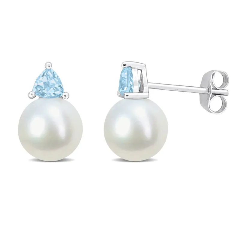Miadora 8-8.5mm Cultured Freshwater Pearl and 1/2ct TGW Sky Blue Topaz Stud Earrings in 10k White Gold - 13 mm x 8.5 mm x 8.5 mm sold by Zulily