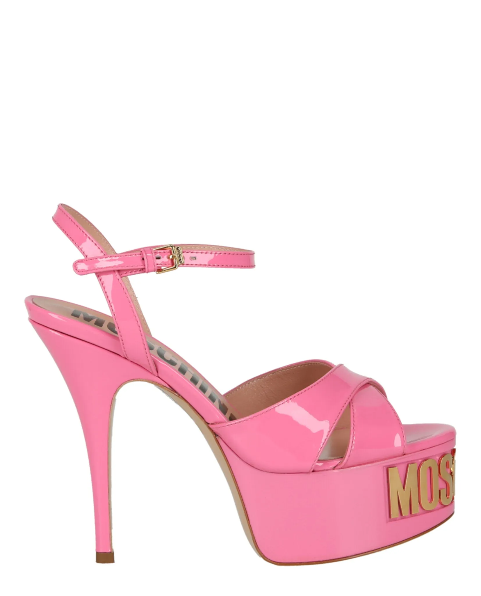 Moschino Patent Leather Logo Heeled Sandals sold by Zulily
